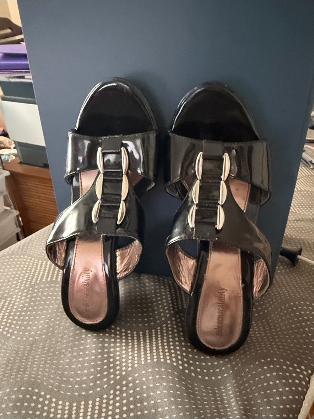 Women’s Black Patent Slide Mules with Decorative Silver Buckles